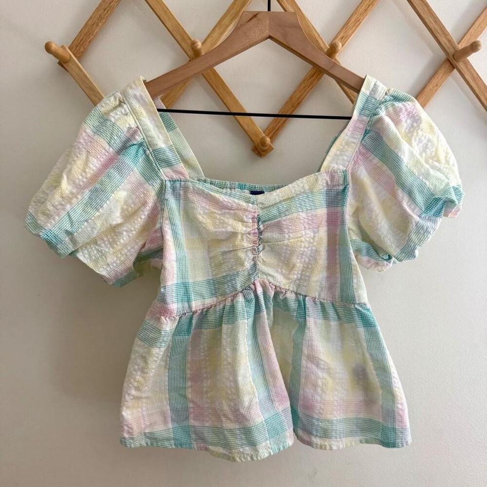 Old navy pastel plaid puff sleeve babydoll Top XS